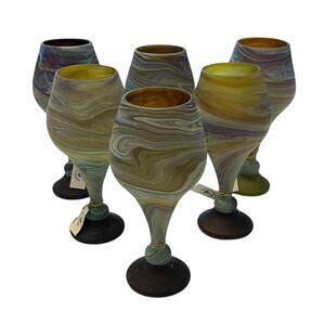 Brand New HEBRON PHOENICIAN 6 GLASS SET Hand Blown FROM ISRAEL Multicolor 7"